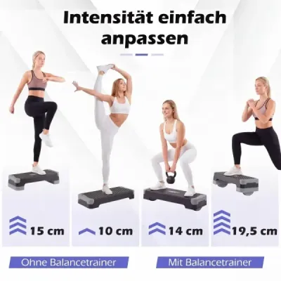 Aerobní stepper 3 v 1, výškově nastavitelný fitness stepper se 2 stohovatelnými nástavci a trenažéry rovnováhy, šedý