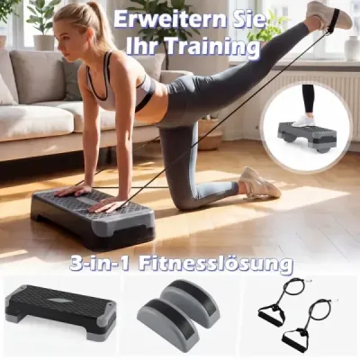 Aerobní stepper 3 v 1, výškově nastavitelný fitness stepper se 2 stohovatelnými nástavci a trenažéry rovnováhy, šedý