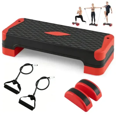 Aerobní stepper 3 v 1, výškově nastavitelný fitness stepper se 2 stohovatelnými nástavci a trenažéry rovnováhy, červený