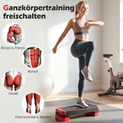 Aerobní stepper 3 v 1, výškově nastavitelný fitness stepper se 2 stohovatelnými nástavci a trenažéry rovnováhy, červený