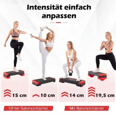 Aerobní stepper 3 v 1, výškově nastavitelný fitness stepper se 2 stohovatelnými nástavci a trenažéry rovnováhy, červený