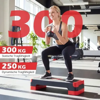Aerobní stepper 3 v 1, výškově nastavitelný fitness stepper se 2 stohovatelnými nástavci a trenažéry rovnováhy, červený