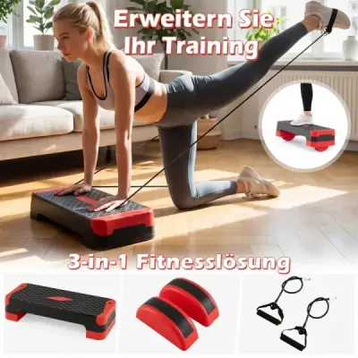 Aerobní stepper 3 v 1, výškově nastavitelný fitness stepper se 2 stohovatelnými nástavci a trenažéry rovnováhy, červený