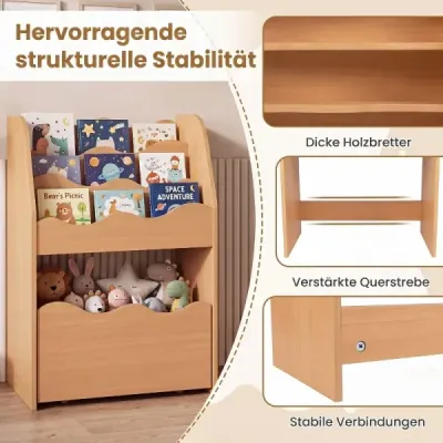 Dětská knihovna – třípatrová montessori police na hračky ze dřeva s výsuvnou zásuvkou, přírodní