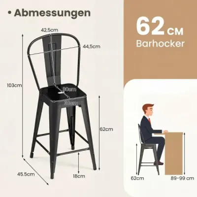 Sada 4 kusů kovových barových židlí – ergonomické barové židle s odnímatelným opěradlem, černé
