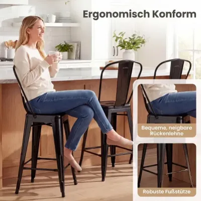 Sada 4 kusů kovových barových židlí – ergonomické barové židle s odnímatelným opěradlem, černé