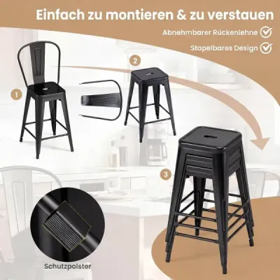 Sada 4 kusů kovových barových židlí – ergonomické barové židle s odnímatelným opěradlem, černé