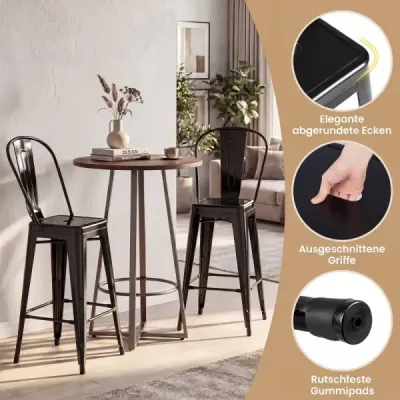 Sada 4 kusů kovových barových židlí – ergonomické barové židle s odnímatelným opěradlem, černé