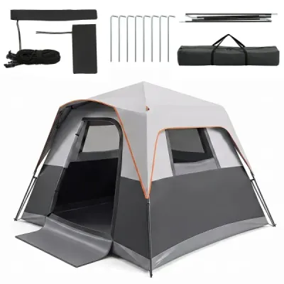 Přenosný kempingový stan pro 6 osob s ochranou proti slunci, voděodolný samorozkládací stan s přepravní taškou, šedý