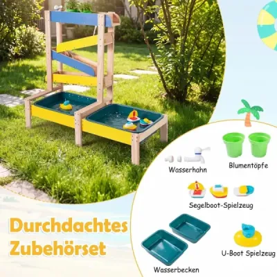 Dřevěný pískoviště a vodní stůl se 2 vaničkami a příslušenstvím pro děti od 3 let, vícebarevný