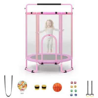 Dětská trampolína 154 cm, 6 v 1, s hrazdou, houpačkou a kruhy, růžová