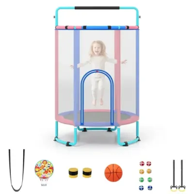 Dětská trampolína 6 v 1 s bezpečnostní sítí a žárově pozinkovaným kovovým rámem, 140 x 140 x 214 cm, modrá