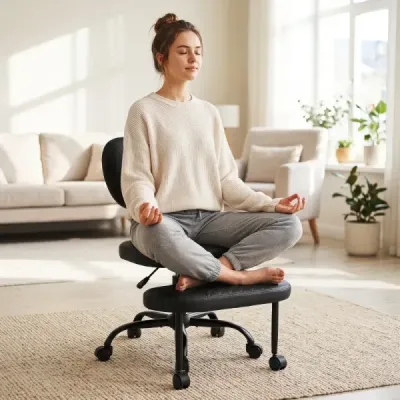 Meditační židle s nastavitelnou výškou, kancelářská židle s křížovou základnou, kolenní židle s otočnou opěrkou nohou o 360°, černá