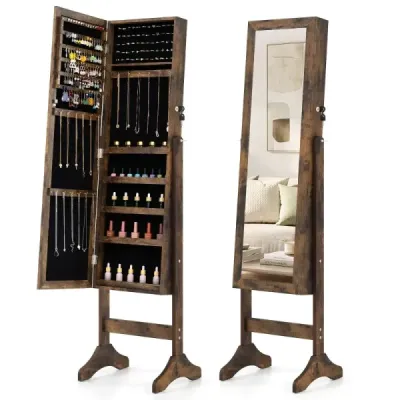 Skříňka na šperky – uzamykatelná skříňka se zrcadlem na celou postavu, rozměry 40 x 36 x 156 cm, hnědá