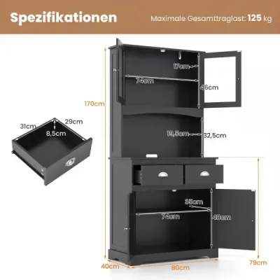 Kuchyňská skříňka – vysoká skříňka se 4 dvířky, 2 zásuvkami, pracovní deskou a 2 skříňkami, 80 x 40 x 170 cm, černá