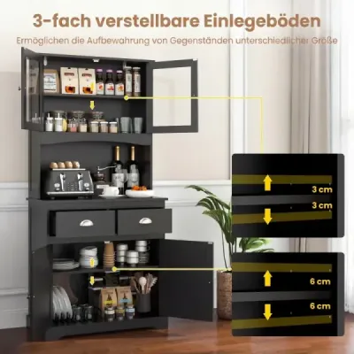 Kuchyňská skříňka – vysoká skříňka se 4 dvířky, 2 zásuvkami, pracovní deskou a 2 skříňkami, 80 x 40 x 170 cm, černá
