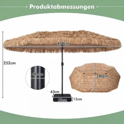 450 cm havajský slunečník s LED osvětlením a stojanem, slaměný slunečník s klikou, ochrana před sluncem a 12 kovovými výztuhami