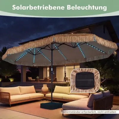 450 cm havajský slunečník s LED osvětlením a stojanem, slaměný slunečník s klikou, ochrana před sluncem a 12 kovovými výztuhami