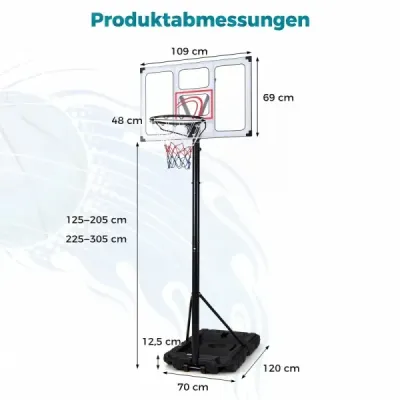 Přenosný basketbalový stojan s výškově nastavitelným košem (125–305 cm) a nerozbitnou deskou o délce 109 cm
