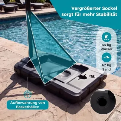 Přenosný basketbalový stojan s výškově nastavitelným košem (125–305 cm) a nerozbitnou deskou o délce 109 cm