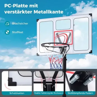 Přenosný basketbalový stojan s výškově nastavitelným košem (125–305 cm) a nerozbitnou deskou o délce 109 cm