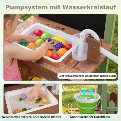 Dětská dřevěná zahradní kuchyňka na hraní s blátem, s truhlíkem a 2 květináči pro děti od 3 let