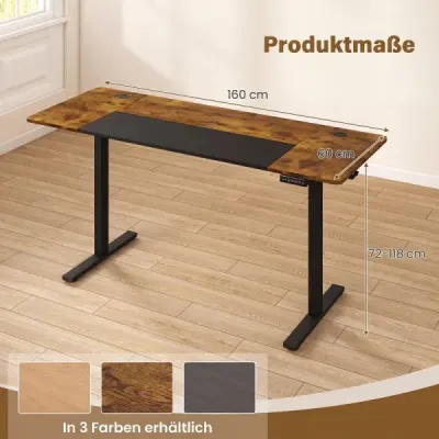 Elektricky výškově nastavitelný psací stůl se stabilním kovovým podstavcem, 160 x 60 cm, hnědý