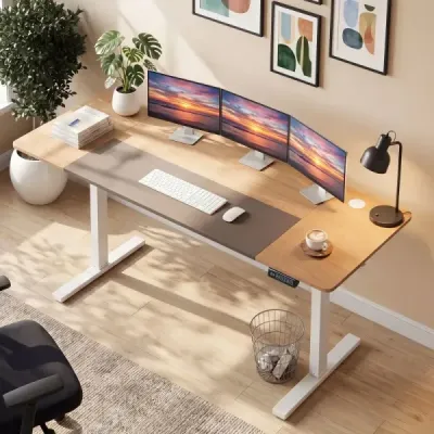 Elektricky výškově nastavitelný psací stůl se stabilní kovovou konstrukcí, 160 x 60 cm, přírodní