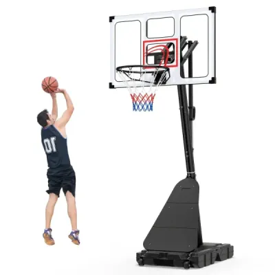 Basketbalový koš na kolečkách, výškově nastavitelný stojan na basketbal o výšce 150–305 cm s zadní stěnou z PC a základnou, do které lze nalít vodu