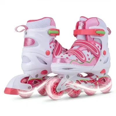 Dětské inline brusle, 4 velikosti, nastavitelné inline brusle se svítícími kolečky, růžové, velikost L