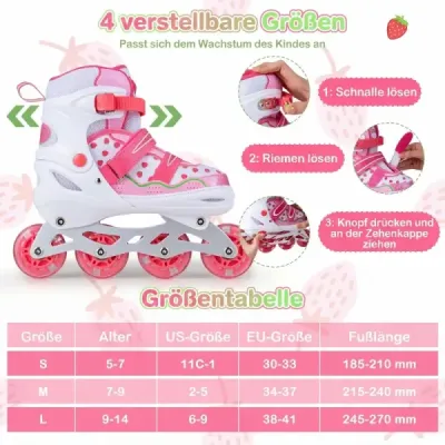 Dětské inline brusle, 4 velikosti, nastavitelné inline brusle se svítícími kolečky, růžové, velikost L