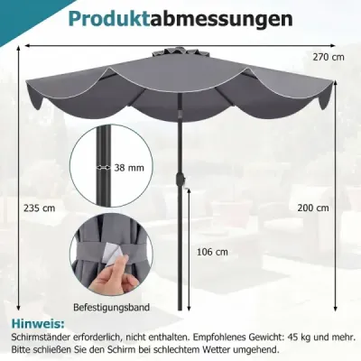 Zahradní slunečník 270 cm s klikou a funkcí naklápění, balkonový slunečník s 8 kovovými žebry, šedý