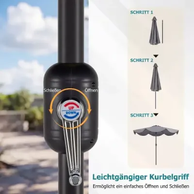 Zahradní slunečník 270 cm s klikou a funkcí naklápění, balkonový slunečník s 8 kovovými žebry, šedý