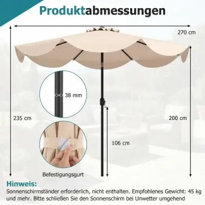 Zahradní slunečník 270 cm s klikou a funkcí naklápění, balkonový slunečník s 8 kovovými žebry, béžový