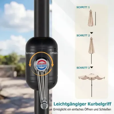 Zahradní slunečník 270 cm s klikou a funkcí naklápění, balkonový slunečník s 8 kovovými žebry, béžový