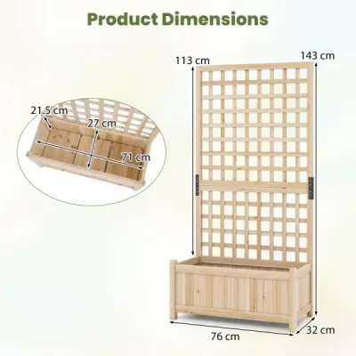 Květinový truhlík s mřížkou pro popínavé rostliny – vyvýšený záhon z masivního dřeva pro květiny a popínavé rostliny, rozměry 76 x 32 x 143 cm