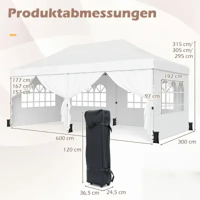Skládací altán 3 × 6 m se 4 bočními stěnami, zahradní altán s nastavitelnou výškou, pop-up altán, bílý