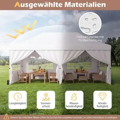 Skládací altán 3 × 6 m se 4 bočními stěnami, zahradní altán s nastavitelnou výškou, pop-up altán, bílý