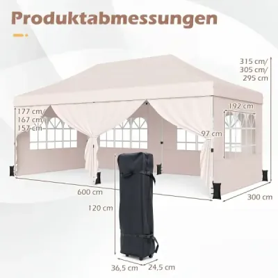 Skládací altán 3 × 6 m se 4 bočními stěnami, zahradní altán s nastavitelnou výškou, pop-up altán, béžový