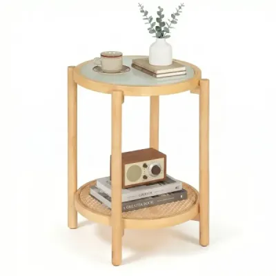 Konferenční stolek v boho stylu se skleněnou deskou a ratanovou policí, odkládací stolek 47,5 x 47,5 x 58 cm, přírodní