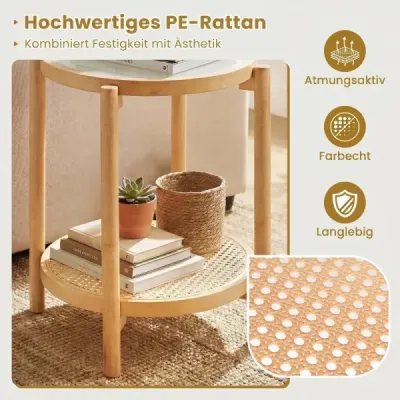 Konferenční stolek v boho stylu se skleněnou deskou a ratanovou policí, odkládací stolek 47,5 x 47,5 x 58 cm, přírodní
