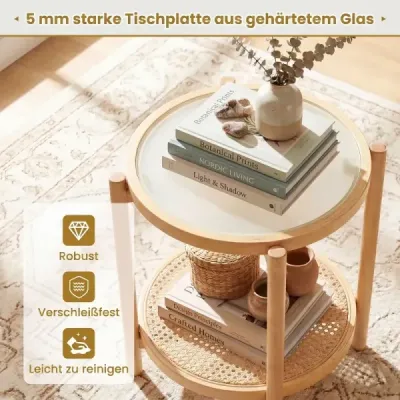 Konferenční stolek v boho stylu se skleněnou deskou a ratanovou policí, odkládací stolek 47,5 x 47,5 x 58 cm, přírodní