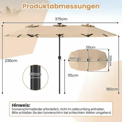 Dvojitý slunečník 400 x 210 cm Slunečník s LED osvětlením Obdélníkový zahradní slunečník Béžový