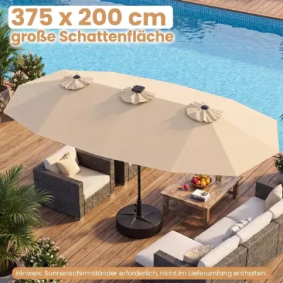Dvojitý slunečník 400 x 210 cm Slunečník s LED osvětlením Obdélníkový zahradní slunečník Béžový