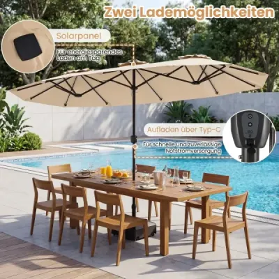 Dvojitý slunečník 400 x 210 cm Slunečník s LED osvětlením Obdélníkový zahradní slunečník Béžový