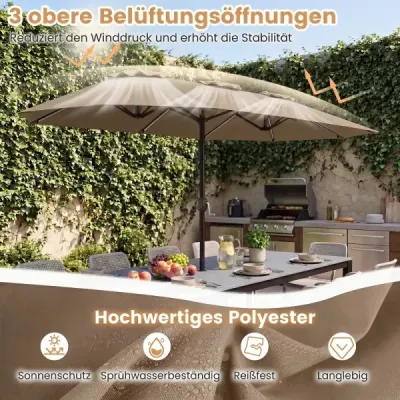 Dvojitý slunečník 400 x 210 cm, slunečník s LED osvětlením, obdélníkový zahradní slunečník, hnědý