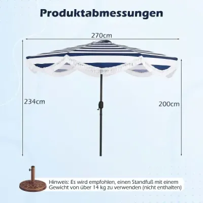 Slunečník Ø 278 cm Plážový slunečník Sklápěcí s klikou Balkónový slunečník s třásněmi Zahradní slunečník