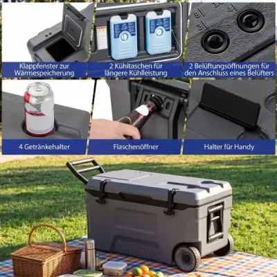 Chladicí box 50 l Velký plastový termobox s kolečky a rukojetí Izolační box s odtokovou zátkou Šedý