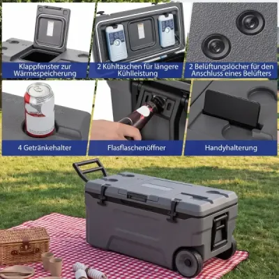 Chladicí box 70 l Velký plastový termobox s kolečky a rukojetí Izolační box s odtokovou zátkou Šedý