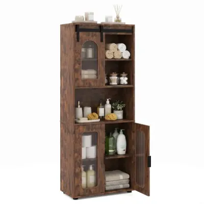 Koupelnová skříňka ve venkovském stylu s posuvnými dvířky a otevřeným prostorem, 60 x 30 x 150 cm, Kaffee